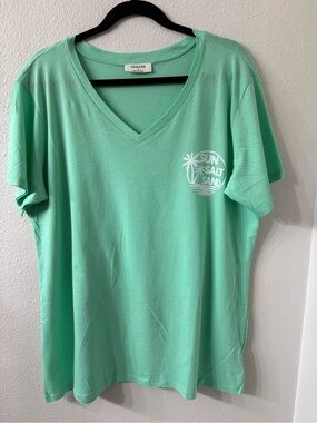 100% Cotton Sun Salt Sand Mint Green V-Neck Tee - Zenana-Relaxed Large